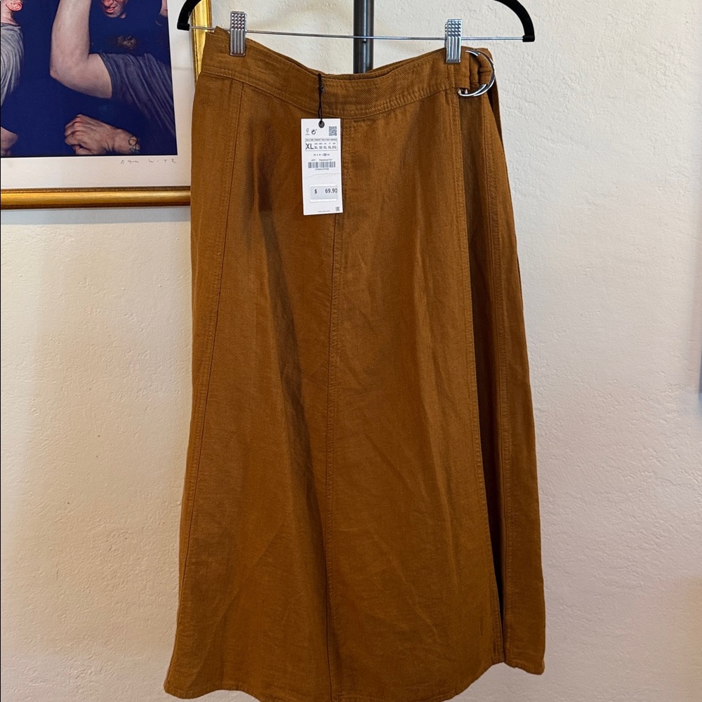 Zara Tan Linen Wrap-Around Midi Skirt